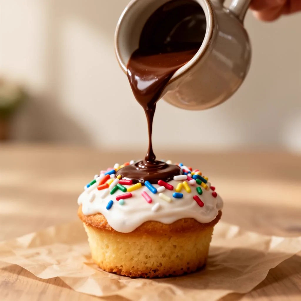 Chocolate sauce drizzled over a mini cake
